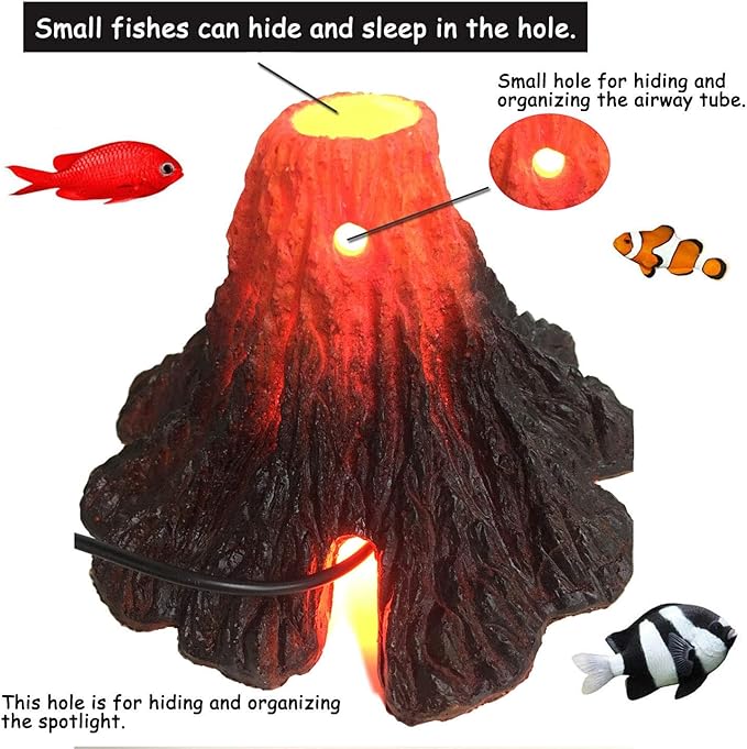 Tank Decoration Volcano Ornament Lava Explosion Look Aquarium Decorations with Multi-Color LED Spotlight for Fish Tank (M)