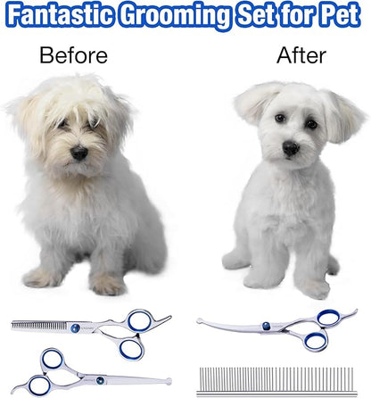 Dog Grooming Scissors with Safety Round Tips,5 in 1 Dog Grooming Scissors Kit, 4CR Stainless Steel Professional Pet Grooming Shears for Dog, Cat,Sharp and Sturdy