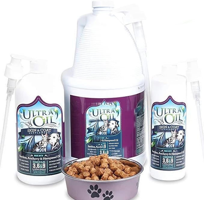 Ultra Oil Skin and Coat Supplement for Dogs and Cats with Hemp Seed, Flaxseed, Grape Seed, and Fish Oils for Relief from Dry Itchy Skin, Dull Coat, Hot Spots, Dandruff, and Allergies, (16 oz)