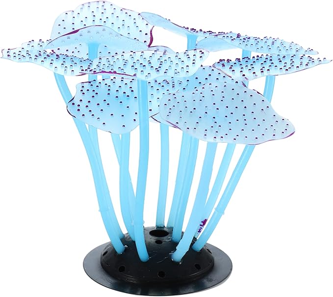 VOCOSTE Soft Silicone Glowing Aquarium Mushroom Coral, Fluorescence Aquatic Artificial Coral for Fish Tank Decoration, Blue