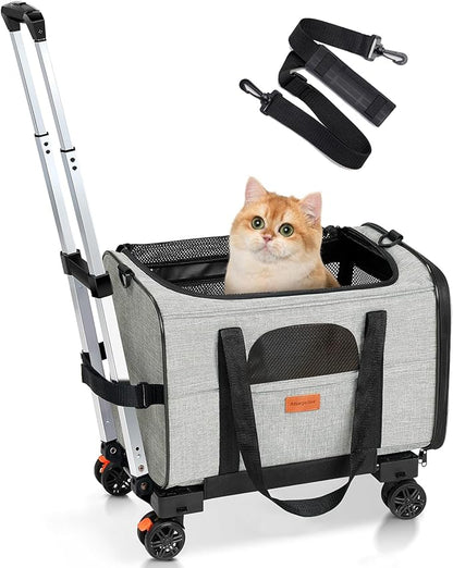 Morpilot Cat Carrier with Wheels Airline Approved, Pet Dog Carrier with Wheels for Small Dogs, Rolling Cat Carrier for Cats Puppy, Stroller Detachable and Foldable Pet Travel Bag (Large - Light Gray)