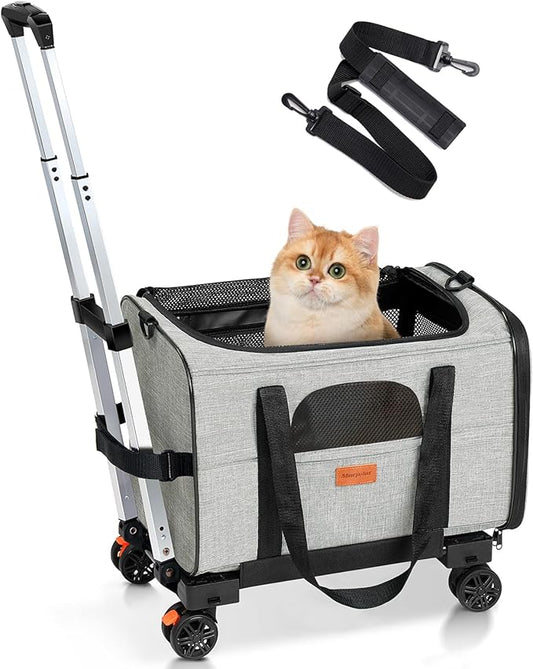 Morpilot Cat Carrier with Wheels Airline Approved, Pet Dog Carrier with Wheels for Small Dogs, Rolling Cat Carrier for Cats Puppy, Stroller Detachable and Foldable Pet Travel Bag (Large - Light Gray)