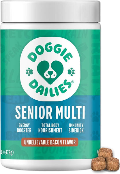 Doggie Dailies Senior Essentials Multivitamin for Dogs Soft Chews | Advanced Dog Multivitamin | Nutritional Support for Joints, Skin & Coat, Digestion, and the Immune System | Bacon Flavor | 120 Count