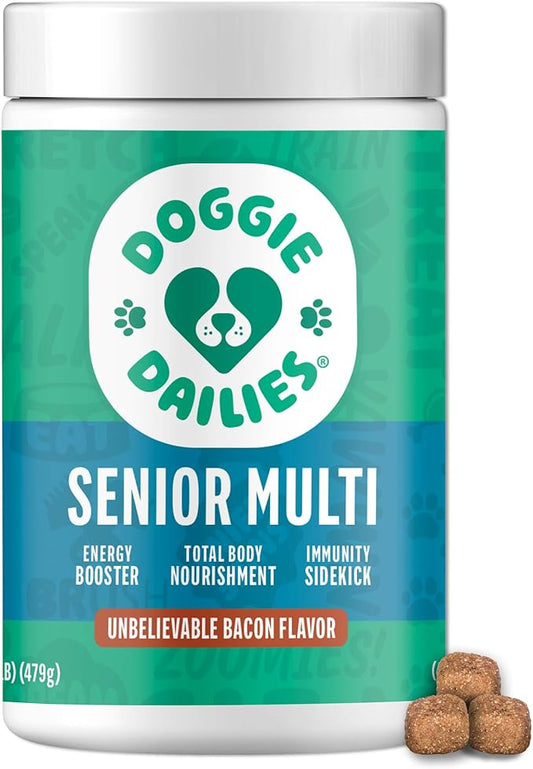 Doggie Dailies Senior Essentials Multivitamin for Dogs Soft Chews | Advanced Dog Multivitamin | Nutritional Support for Joints, Skin & Coat, Digestion, and the Immune System | Bacon Flavor | 120 Count