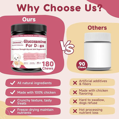 Glucosamine for Dogs - Joint Supplement for Dogs with Chondroitin, MSM, Omega 3, Hemp, Turmeric for Dog Joint Pain Relief, Dog Joint Supplement with Calcium Support Cartilage & Bone Health, 180 Chews