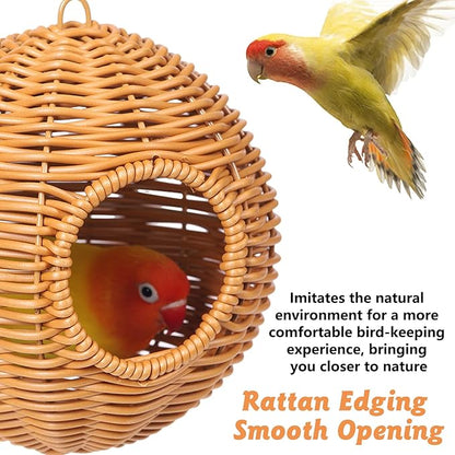 BNOSDM Rattan Bird Nest Parrot Nesting House Parakeet Hanging Swing Soft Lovebird Warm Bed Sleeping for Parrots Bird Cage Accessories for Cockatiels Budgerigars Finches Canaries (Single-Hole Style)