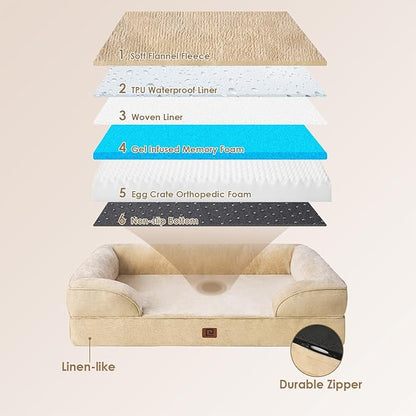 EHEYCIGA Orthopedic Dog Beds for Extra Large Dogs, Waterproof Memory Foam XL Dog Bed with Sides, Non-Slip Bottom and Egg-Crate Foam Big Dog Couch Bed with Washable Removable Cover, Greige