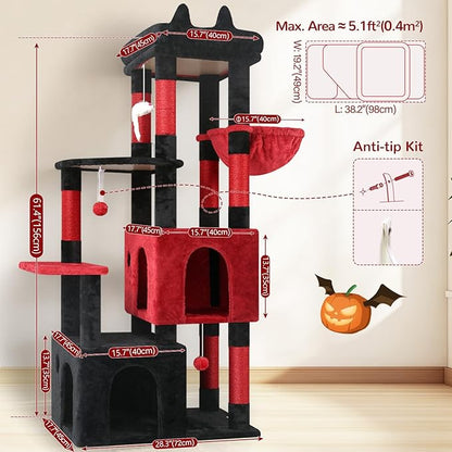 Globlazer Gothic Cat Tower for Indoor Cats, Heavy Duty Goth Cat Trees for Large Cats Adult Big Cats Maine Coon Cat Tree with Scratching Post, Extra Large Top Perch, Cat Condos, F61, Blood-Goth, 61inch