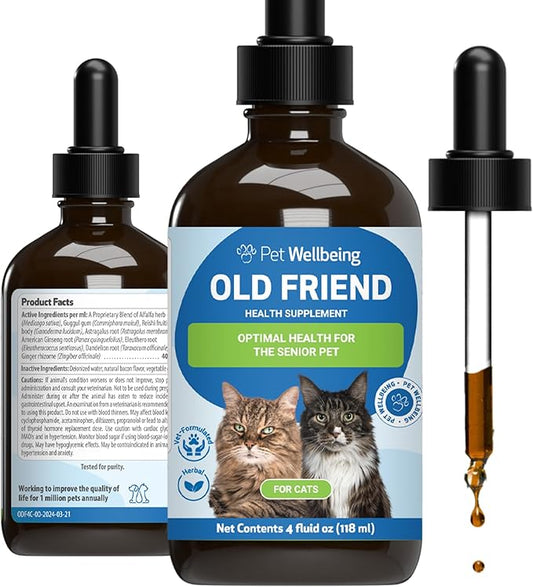 Pet Wellbeing Old Friend for Senior Cats - Supports Immune System Health, Joint Mobility, Healthy Energy Levels, Alfalfa, Reishi - Veterinarian-Formulated Herbal Supplement 4 oz (118 ml)