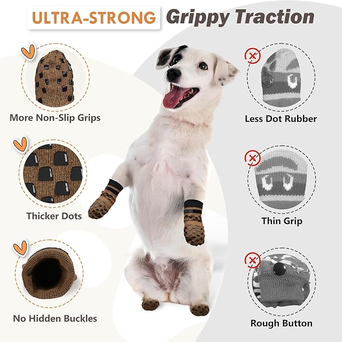 Non Slip Dog Socks to Prevent Licking Paws Grippy Socks for Senior Dog on Hardwood Floors Anti Slip Dog Socks for Hot Pavement Double Side Paw Protector Prevent Scratching Brown S