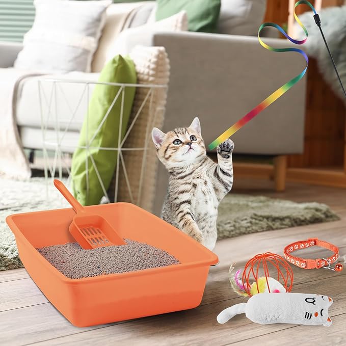 7 Pcs Small Cat Kitten Starter Kit Cat Litter Box with Shovel Paw Litter Mat Double Automatic Kitten Bowls Toy Teaser Stick Collar Essentials Kits for 1-3 Lbs Beginner(Simple,Orange)