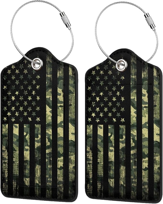 2 Pcs Camouflage American Flag Luggage Tag for Suitcase, 4th of July Decorations Camo US Flag Patriotic Decor Party Birthday Gifts Men Women, Identifiers Privacy Cover ID Label with Steel Loop