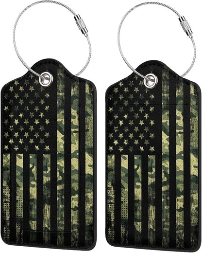 2 Pcs Camouflage American Flag Luggage Tag for Suitcase, 4th of July Decorations Camo US Flag Patriotic Decor Party Birthday Gifts Men Women, Identifiers Privacy Cover ID Label with Steel Loop