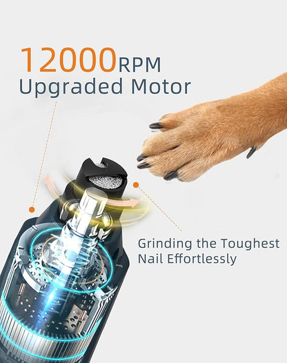 Dog Nail Grinder Super Quiet (45 db) 6-Speed pet nail grinder with 2 LED Lights 12000RPM & Professional 3 Grinding Ports Rechargeable Dog Nail Trimmer for Large Medium Small Dogs with Dust Cap