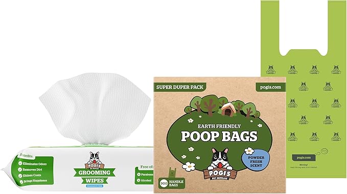 Pogi's 900 Dog Poop Bags w/Handles and 100 Plant-based Grooming Wipes Bundle