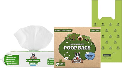 Pogi's 900 Dog Poop Bags w/Handles and 100 Plant-based Grooming Wipes Bundle