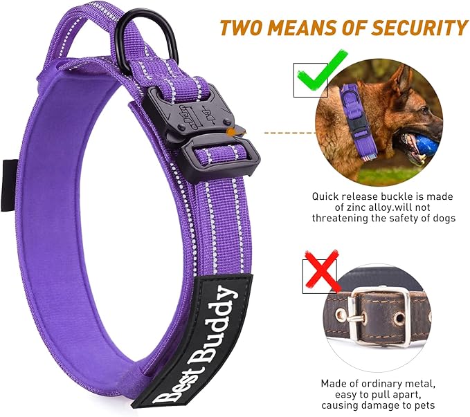 AUBELL Reflective Dog Collar, Tactical Dog Collar for Large Dogs, Heavy Duty Dog Collars with Control Handle and Metal Buckle for Medium Dogs, with Airtag Case and 2 Patches (Purple, L)