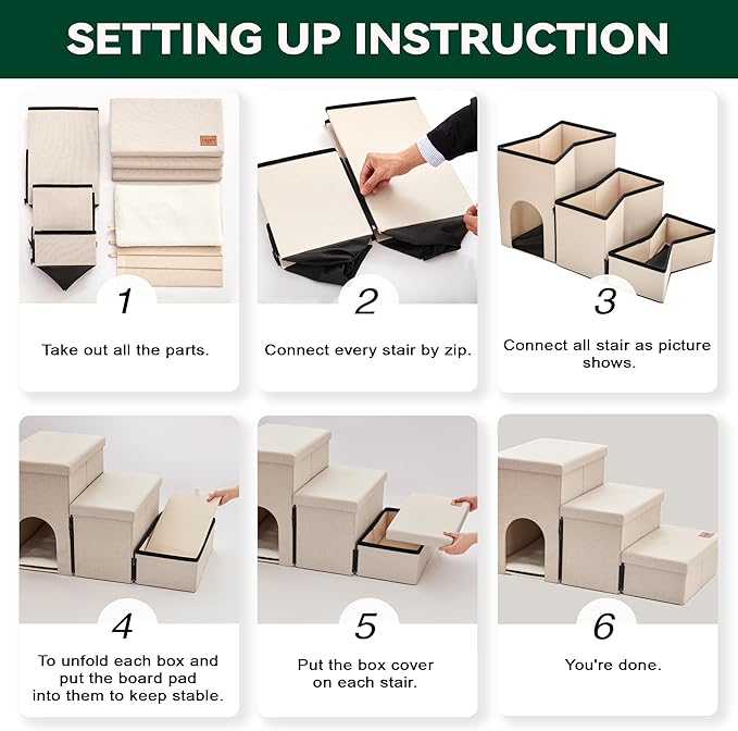 Love's cabin Dog Stairs for Small Medium or Large Dogs with Storage and Condo,Foldable Dog Steps for Bed or Couch,3-Step Gray Folding Cat Dog Ramp with Zip up to 210 lbs,Beige