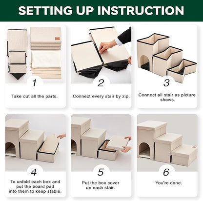 Love's cabin Dog Stairs for Small Medium or Large Dogs with Storage and Condo,Foldable Dog Steps for Bed or Couch,3-Step Gray Folding Cat Dog Ramp with Zip up to 210 lbs,Beige