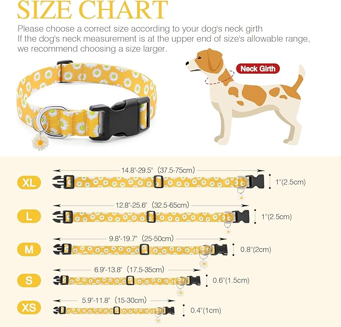 BiPawTi Floral Dog Collars for Large Dog - Soft Cute Dog Collars for Girls Dog Pretty Flower Collar with Daisies Charms, Gift for Female Male Boys Girls Dogs (XL, Yellow)