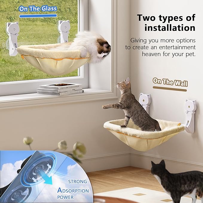 Cat Window Perch Cordless, Foldable & Stable Cat Beds- Breathable Cat Window Hammock for Overlooking, Sunbathing and Climbing - Maximum Hold Up to 40lb(Cream)
