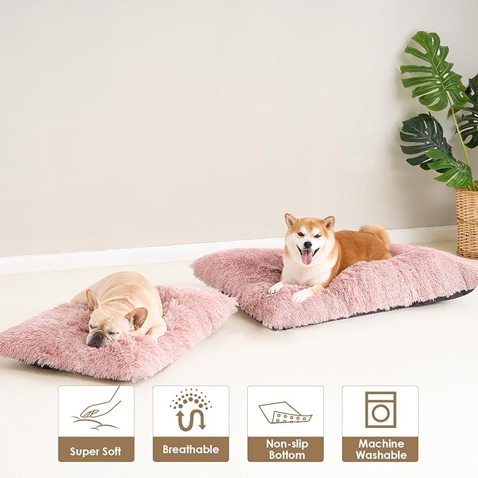 EHEYCIGA Fluffy Dog Crate Bed for Medium Dogs, Plush Faux Fur Dog Crate Pad, Calming Anti Anxiety Medium Dog Bed for Crate, Washable Soft Warm Dog Crate Mat with Non-Slip Bottom, Pink