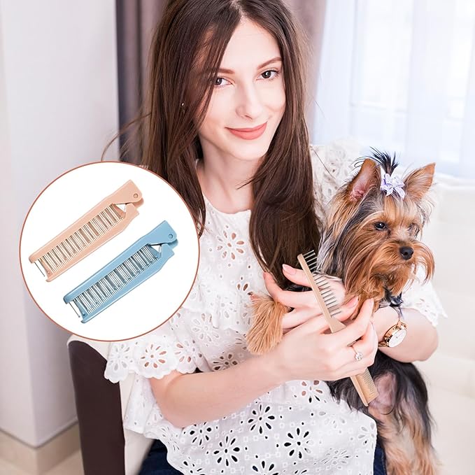 2 Pack Puppy Brush for Small Dogs Folding Dog Hair Grooming Brushes Dog Combs for Matting Hair Perfect Dematting Comb Tool for Shih Tzus, Yorkies, Maltipoos, and Small Breeds (Pink&Blue)