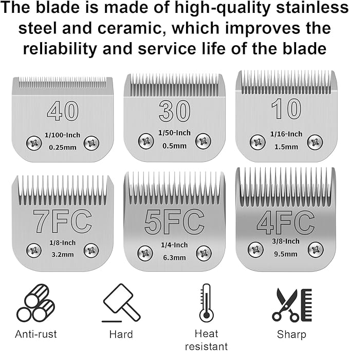 6PCS (4FC+5FC+7FC10+30+40 Dog Grooming Blades Compatible with Andis Pet Clipper/Oster A5/Wahl KM Series Dog Clipper,Ceramic Blade & Stainless Steel Blade