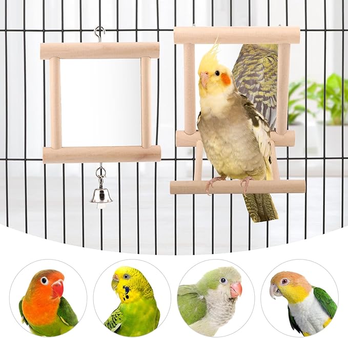 Wontee Bird Mirror Bird Toys for Budgies Parakeets Cockatiels Lovebirds Conures (Wood color-2pcs)