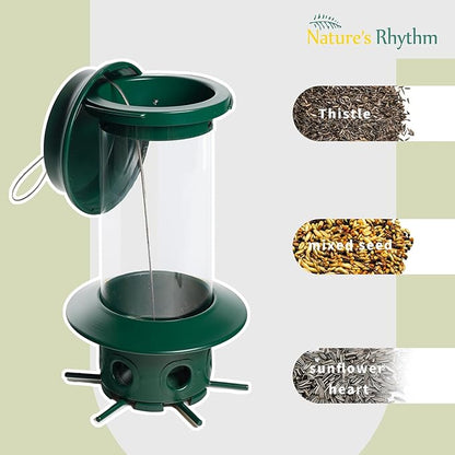 Nature's Rhythm Hanging Classic Tube Wild Bird Feeder Premium Hard Plastic Steel Hanger Weatherproof and Water Resistant