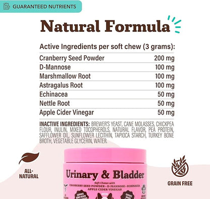 Natural Dog Company Urinary & Bladder Supplement for Dogs – Cranberry & D-Mannose Soft Chews with Marshmallow Root & Astragalus – Supports Urinary Tract Health, Bladder Function & Normal Urine Flow