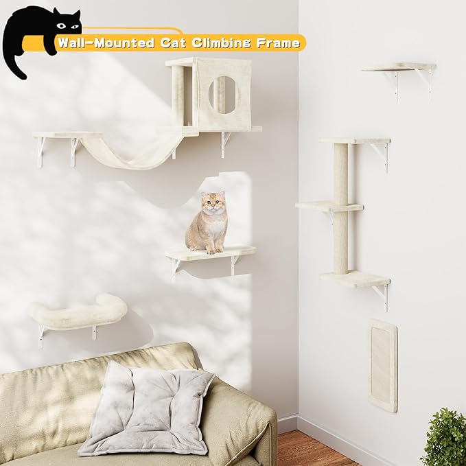 NUNU LAB Cat Wall Shelves, 6 Pcs Luxury Wall-Mounted Cat Climber Set, Indoor Cat Furniture with 1 Condos House, 2 Cat Wall Shelves, 1 Scratching, 1 Bridge Ladder, 1 Scratching Pad, Beige