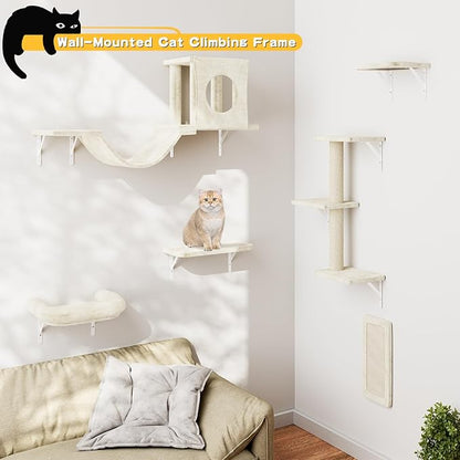 NUNU LAB Cat Wall Shelves, 6 Pcs Luxury Wall-Mounted Cat Climber Set, Indoor Cat Furniture with 1 Condos House, 2 Cat Wall Shelves, 1 Scratching, 1 Bridge Ladder, 1 Scratching Pad, Beige