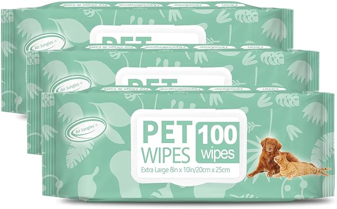 Air Jungles 3in1 Pet Wipes for Dogs and Cats 300 Count, 8" x 10" Extra Large Hypoallergenic Cleaning, Grooming, Deodorizing Wipes for Pets Paws Body Face Ear Butt