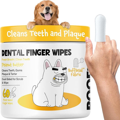 Teeth Cleaning Wipes 60 Packs - Peanut Butter Dental Wipes to Reduce Plaque & Tartar for Dogs & Cats - Pet Dental Wipes for Oral Freshness