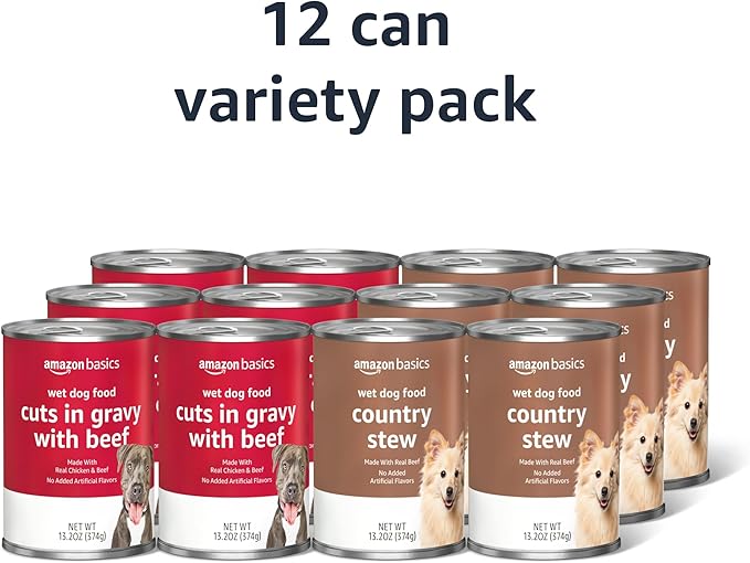 Amazon Basics Wet Dog Food Variety Pack, Country Stew Flavor and Cuts in Gravy with Beef, Made with Natural Ingredients, 13.2oz Cans (Pack of 12)