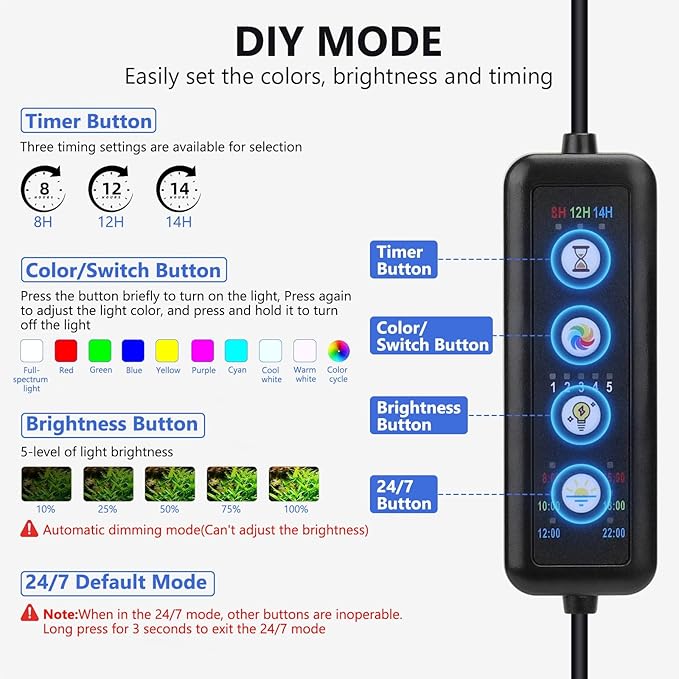 fishkeeper Clip On Aquarium LED Light, 24/7 Mode Full Spectrum Fish Tank Light with Timer, Adjustable 8 Color / 5 Brightness Simulate Sunrise-Day-Sunset-Moon for 15.74-22.83 inch Planted Tank 16W
