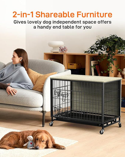 GAOMON 2024 New 38.6" Large Dog Crate Furniture, Heavy-Duty Wooden Dog Kennel with Removable Tray and Wheels, Double-Doors Dog Cage End Table, Dog House for Large/Medium/Small Dogs, Rustic Gray