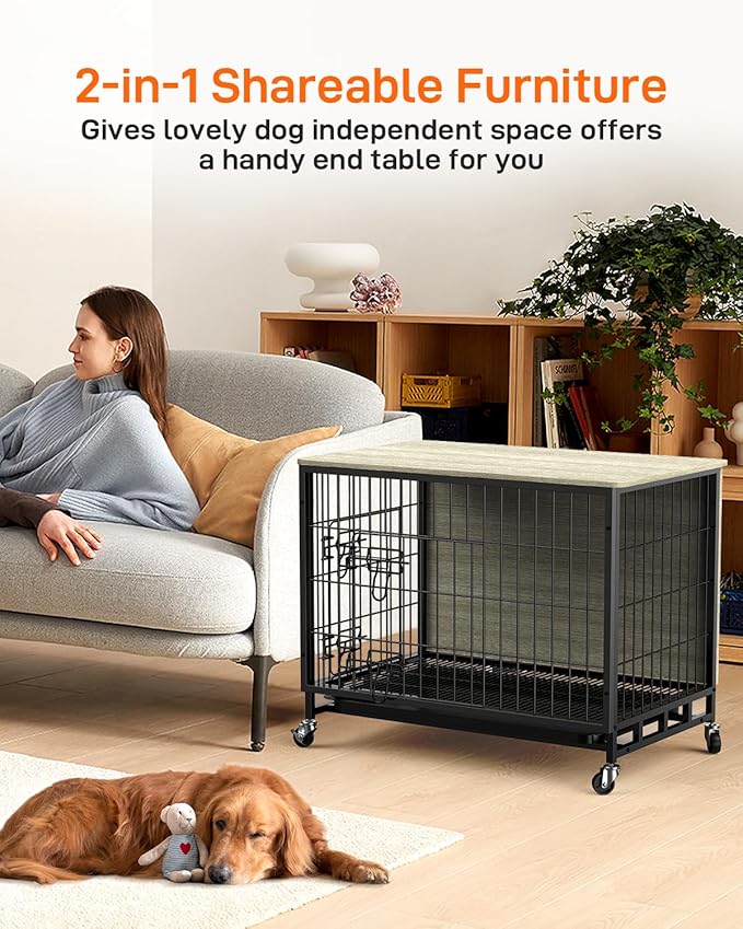 GAOMON 2024 New 32.5" Dog Crate Furniture, Heavy-Duty Wooden Dog Kennel with Removable Tray and Wheels, Double-Doors Dog Cage End Table, Indoor Dog House for Medium/Small Dogs, Rustic Gray
