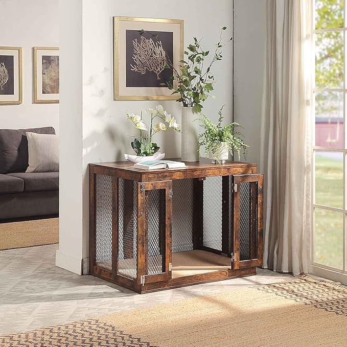 unipaws Large Dog Crate Furniture with Tray 38 inch, Wooden Kennel Pet House Dog Cage with Door, Modern Decorative Dog Crate End Side Table Nightstand, Rustic