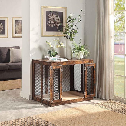 unipaws Large Dog Crate Furniture with Tray 38 inch, Wooden Kennel Pet House Dog Cage with Door, Modern Decorative Dog Crate End Side Table Nightstand, Rustic