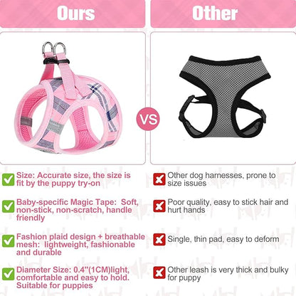 BEAUTYZOO Small Dog Harness and Leash Set,Step in No Chock No Pull Soft Mesh Dog Harnesses Reflective for Extra-Small/Small Medium Puppy Dogs and Cats, Plaid Dog Vest Harness for XS S Pets, Pink M