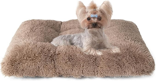 EHEYCIGA Fluffy Dog Crate Bed for Small Dogs, Plush Faux Fur Dog Crate Pad, Calming Anti Anxiety Small Dog Bed for Crate, Washable Soft Warm Dog Crate Mat with Non-Slip Bottom, Camel