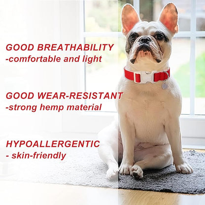 DOGWONG Cotton Hemp Dog Collar, Heavy-Duty Red Dog Collar Adjustable Soft Natural Fabric Pet Dog Collar Cute Wedding Puppy Necklace for Small Medium Large Dogs