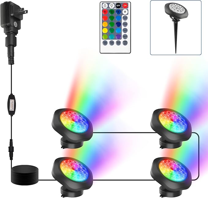 RGBW Pond Lights with Timer, 18 LED Super Bright Underwater Submersible Fountain Lights Color Changing Spotlights, Remote Control IP68 Waterproof for Fish Aquarium Tank Garden Pool (Set of 4)