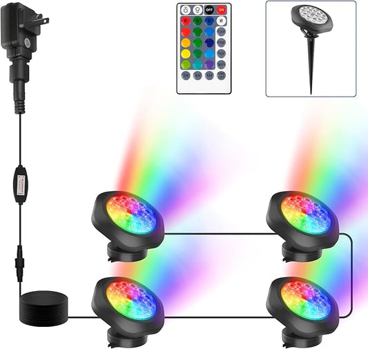 RGBW Pond Lights with Timer, 18 LED Super Bright Underwater Submersible Fountain Lights Color Changing Spotlights, Remote Control IP68 Waterproof for Fish Aquarium Tank Garden Pool (Set of 4)