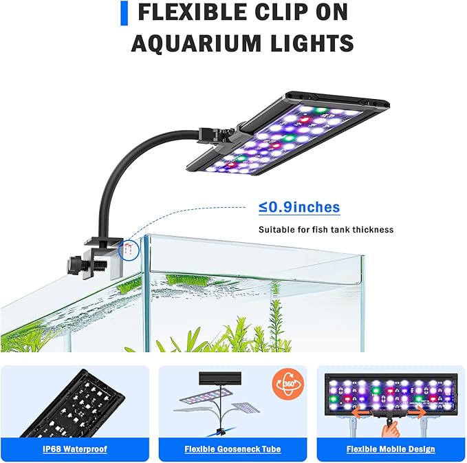 AQQA LED Aquarium Light, 24/7 Mode Clip on Fish Tank Light with Memory Function, DIY Mode Full Spectrum Aquarium Plant Light, Adjustable Timer/Brightness, IP68 Waterproof for 16-24 Inch Fish Tank 18W