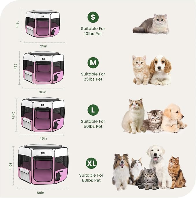 X-ZONE PET Dog Playpen Portable Pet Play Pens for Puppies, Cat, Rabbit, Chicks, Foldable Exercise Play Tent Kennel Crate, Indoor/Outdoor Travel Camping Pink Small