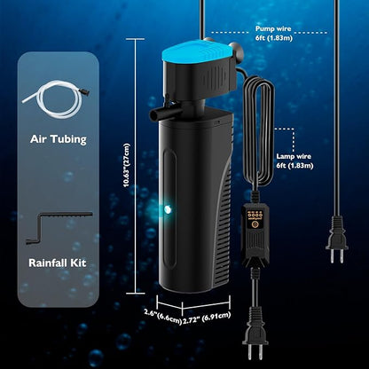 Aquarium Filter with Aeration & Rainfall Mode, U - V Fish Tank Filter with Timer (3/6/12/24 Hours) for Green Water Cleaning, Turtle Tank Filter with Efficient Filter Sponge (20-70Gal)