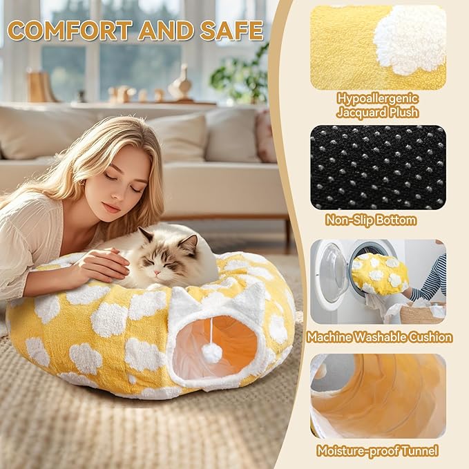 Donut Cat Tunnel Bed for Indoor Cats - 2-in-1 Kitty Playhouse with Cozy Hideout, Durable Pet Caves for Multiple Kittens, Washable Cushion and Collapsible Design